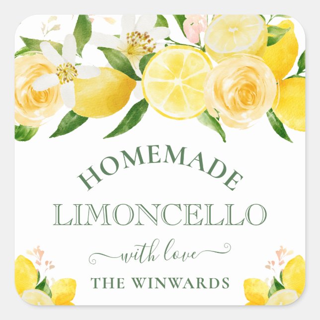 Watercolor Floral Lemons Homemade Limoncello Square Sticker (Front)
