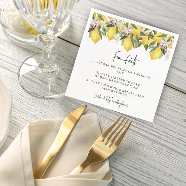 Watercolor Floral Lemons Wedding Shower Fun Facts Napkin (Creator Uploaded)