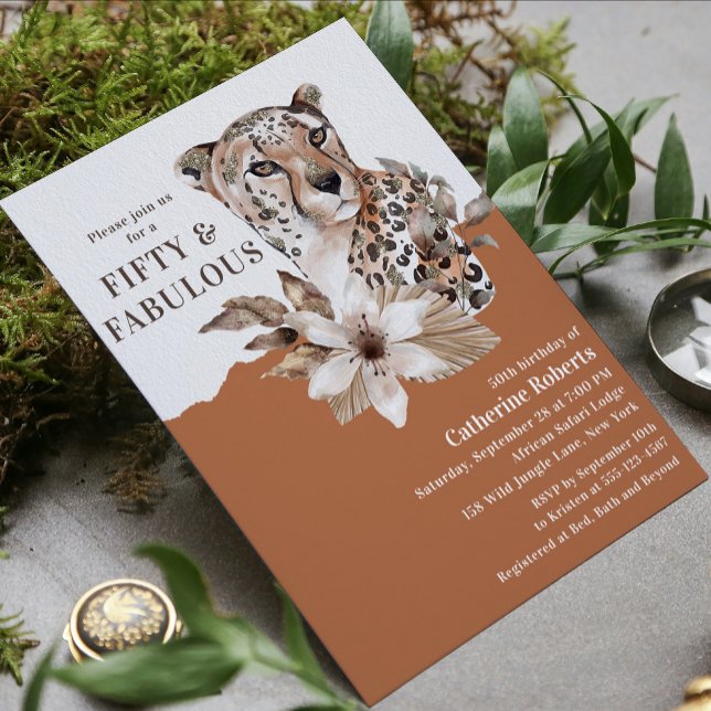 Watercolor Floral Leopard Fifty 50th Birthday Invitation (Creator Uploaded)