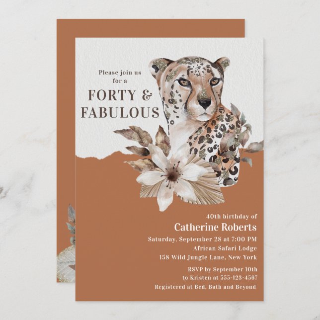 Watercolor Floral Leopard Forty 40th Birthday Invitation (Front/Back)