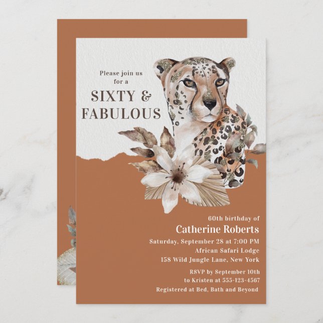 Watercolor Floral Leopard Sixty 60th Birthday Invitation (Front/Back)