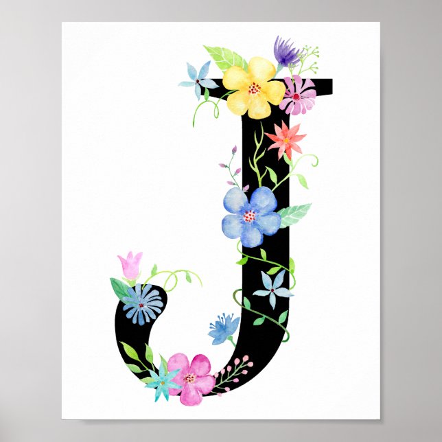 Watercolor Floral Letter J Poster (Front)