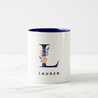 Watercolor Floral Letter L Navy Blue Monogram Two-Tone Coffee Mug