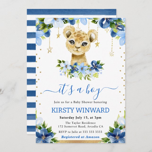 Watercolor Floral Lion Cub Boy Baby Shower Invitation (Front/Back)