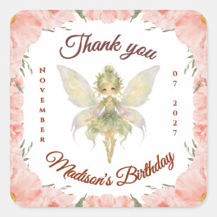 Watercolor Floral Little Fairy Birthday Square Sticker