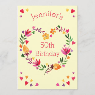 Watercolor Floral Love Heart Wreath 50th Birthday Invitation
