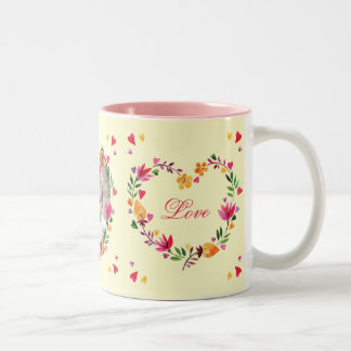 Watercolor Floral Love Heart Wreaths Photo Two-Tone Coffee Mug
