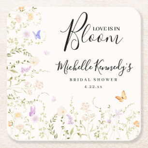 Watercolor Floral Love Is In Bloom Bridal Shower  Square Paper Coaster
