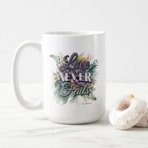 Watercolor Floral Love Never Fails Scripture Coffee Mug