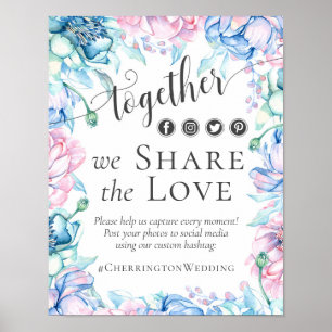 Watercolor Floral Love Wedding Hashtag Photo Sign
