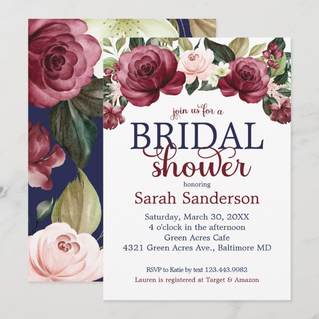 Watercolor Floral Maroon & Navy Bridal Shower Invitation (Front/Back)