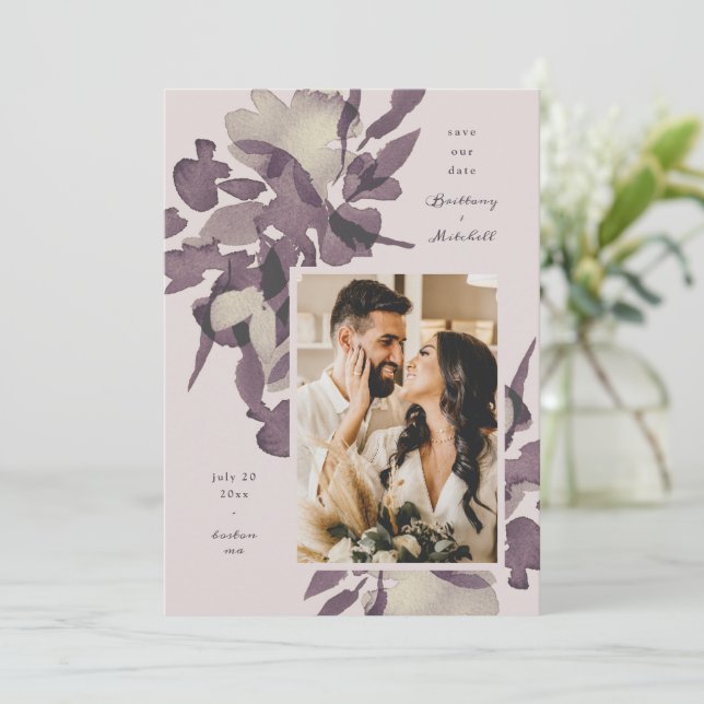 Watercolor Floral Mauve Photo Save the Date Invitation (Standing Front)