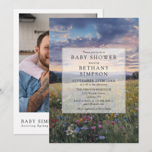Watercolor Floral Meadow Photo QR Code Baby Shower Invitation