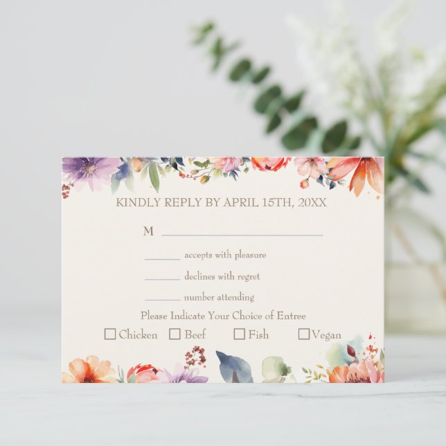 Watercolor Floral Meal Choice Wedding  RSVP Card (Standing Front)