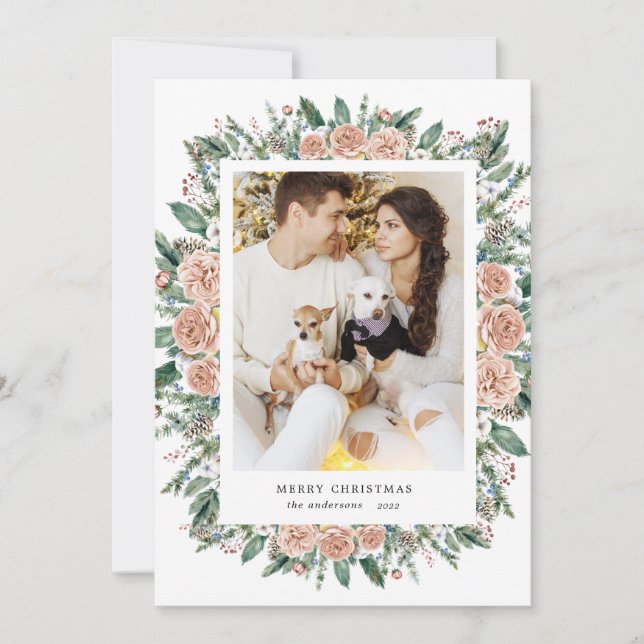 watercolor floral merry christmas photo card (Front)