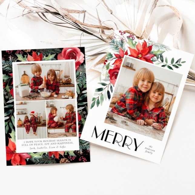 Watercolor Floral Merry Christmas Photo Card (Creator Uploaded)