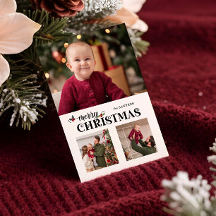 Watercolor Floral Merry Christmas Script 3-Photo Holiday Card