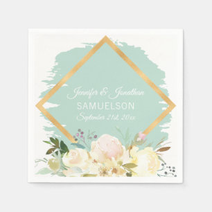 Watercolor Floral Mint Green Gold Frame Wedding Napkin