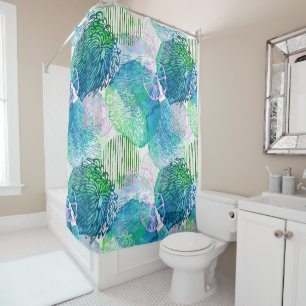 Watercolor floral modern abstract blue pink shower curtain