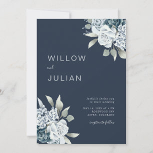 Watercolor Floral Modern Navy Blue Wedding Invitation