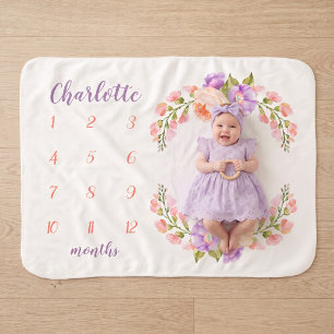 Watercolor Floral Monogram Baby Milestone Photo Sherpa Blanket