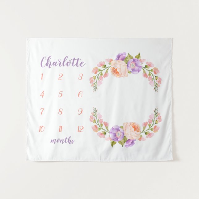 Watercolor Floral Monogram Baby Milestone Photo Tapestry (Front (Horizontal))