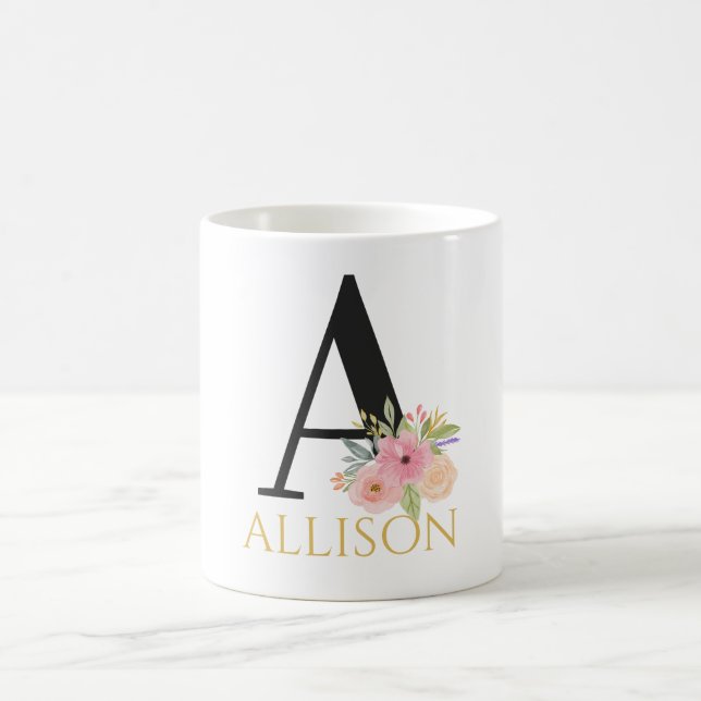 Watercolor Floral Monogram Coffee Mug (Center)