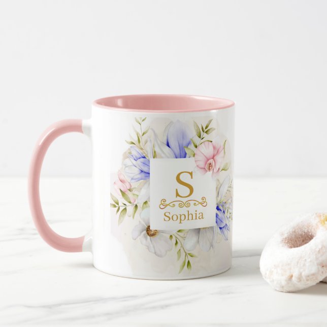 Watercolor Floral Monogram I Custom Gold Initial Mug (With Donut)