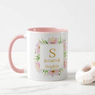 Watercolor Floral Monogram I Custom Gold Initial Mug