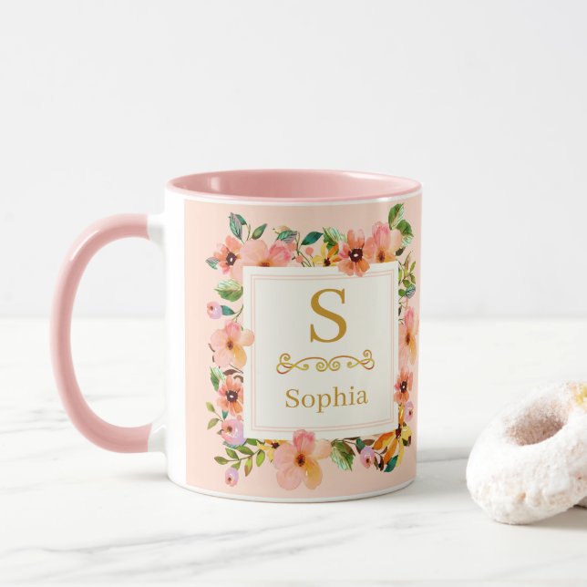 Watercolor Floral Monogram I Custom Gold Initial Mug (With Donut)