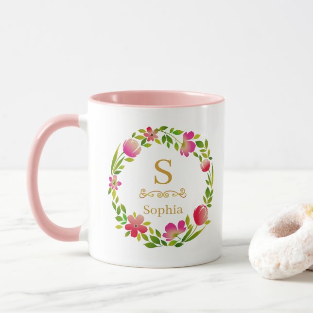 Watercolor Floral Monogram I Custom Gold Initial Mug (With Donut)