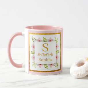 Watercolor Floral Monogram I Custom Gold Initial Mug