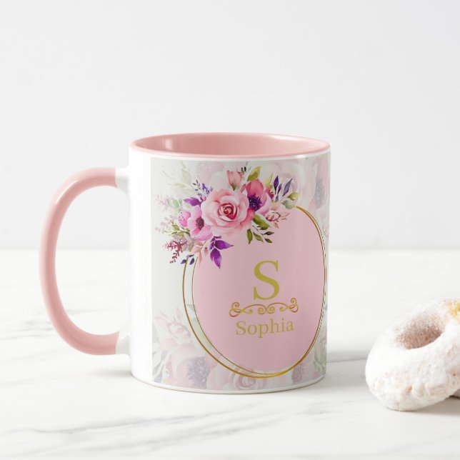 Watercolor Floral Monogram I Custom Gold Initial Mug (With Donut)