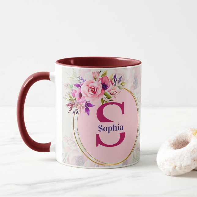 Watercolor Floral Monogram I Custom Name Gift Mug (With Donut)