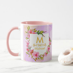 Watercolor Floral Monogram I Gold Initial & Name Mug