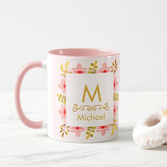 Watercolor Floral Monogram I Gold Initial & Name Mug (With Donut)