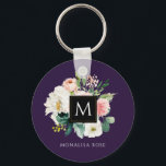 watercolor floral monogram  key ring<br><div class="desc">watercolor blush and white roses and a monogram. personalise this design with your name and a colour of your choice.</div>