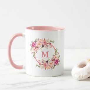 Watercolor Floral Monogram Pink Mug
