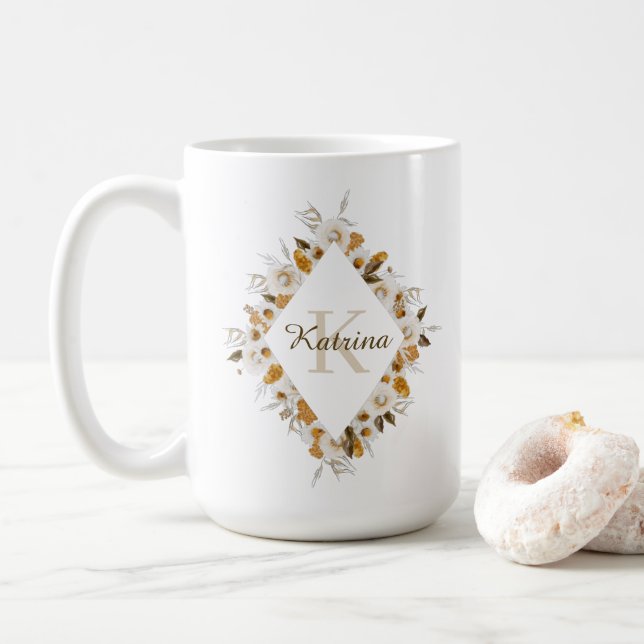 Watercolor Floral Monogrammed Mug (With Donut)