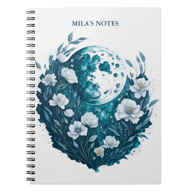 Watercolor Floral Moon Celestial Personalised Notebook (Front)
