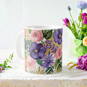 Watercolor floral Mug with Gold Accents