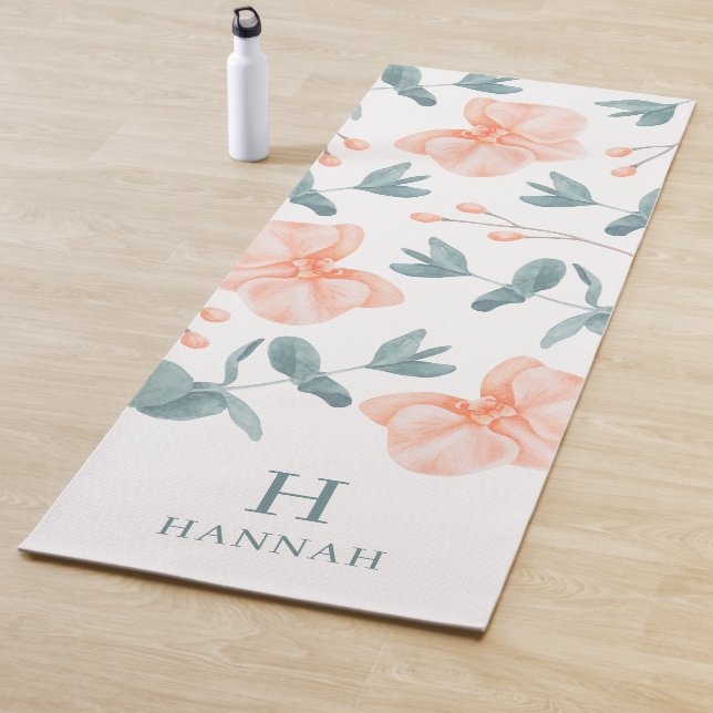 Watercolor Floral Name and Monogram White Yoga Mat (In Situ)
