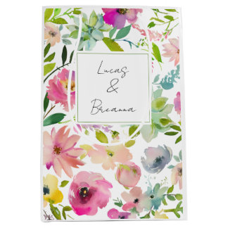 Watercolor Floral NAME & NAME Wedding Colourful Medium Gift Bag