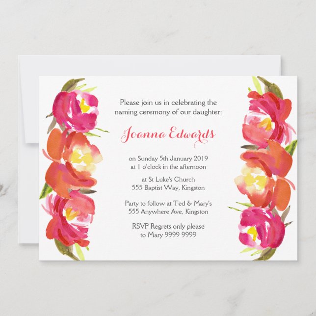 Watercolor Floral Naming Ceremony Personalised Invitation (Front)