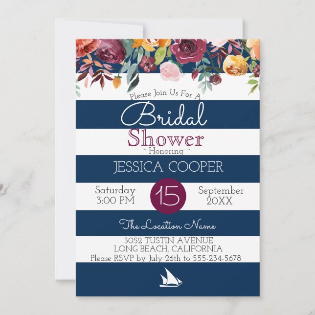Watercolor Floral Nautical Stripe Bridal Shower Invitation (Front)