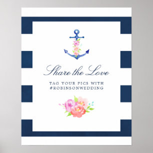 Watercolor Floral Nautical Wedding Hashtag Poster
