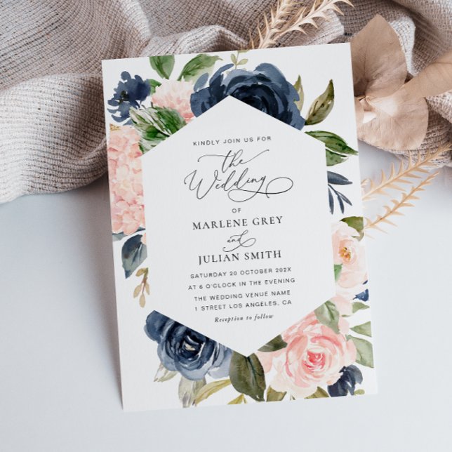 watercolor floral navy blue and blush wedding invitation (Creator Uploaded)