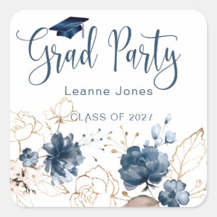 Watercolor floral navy blue & gold Graduation Square Sticker