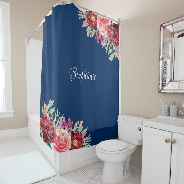 Watercolor Floral Navy Blue Personalised Shower Curtain (In Situ)