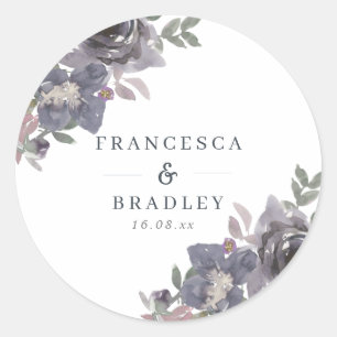 Watercolor Floral Navy Blue Wedding Classic Round Sticker